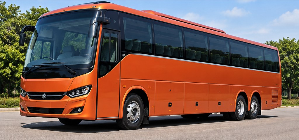Orange Volvo coach used for long-distance travel